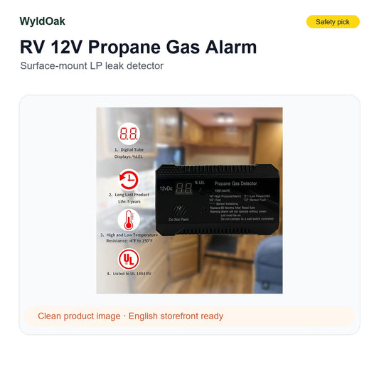 WyldOak RV 12V Propane Gas Alarm - Surface Mount LP Leak Detector for Campers
