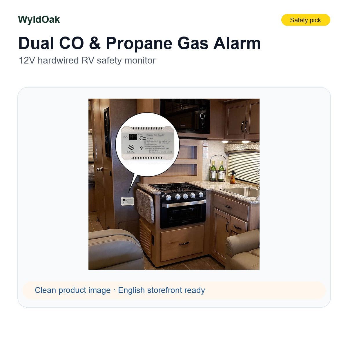 WyldOak RV Dual CO & Propane Gas Alarm - 12V Hardwired Safety Monitor