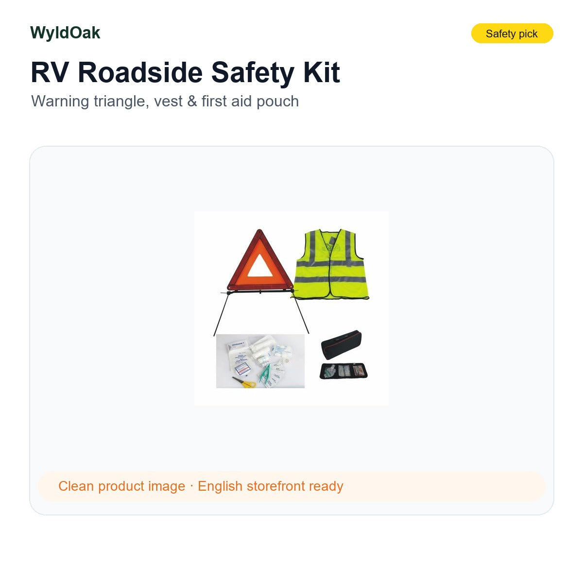 WyldOak RV Roadside Safety Kit - Warning Triangle, Reflective Vest & First Aid Pouch