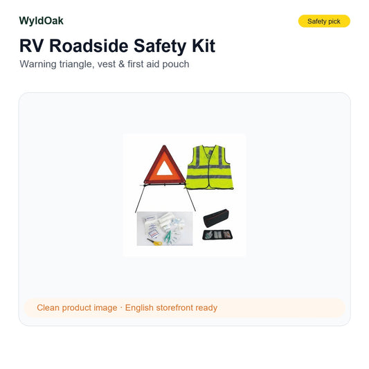 WyldOak RV Roadside Safety Kit - Warning Triangle, Reflective Vest & First Aid Pouch