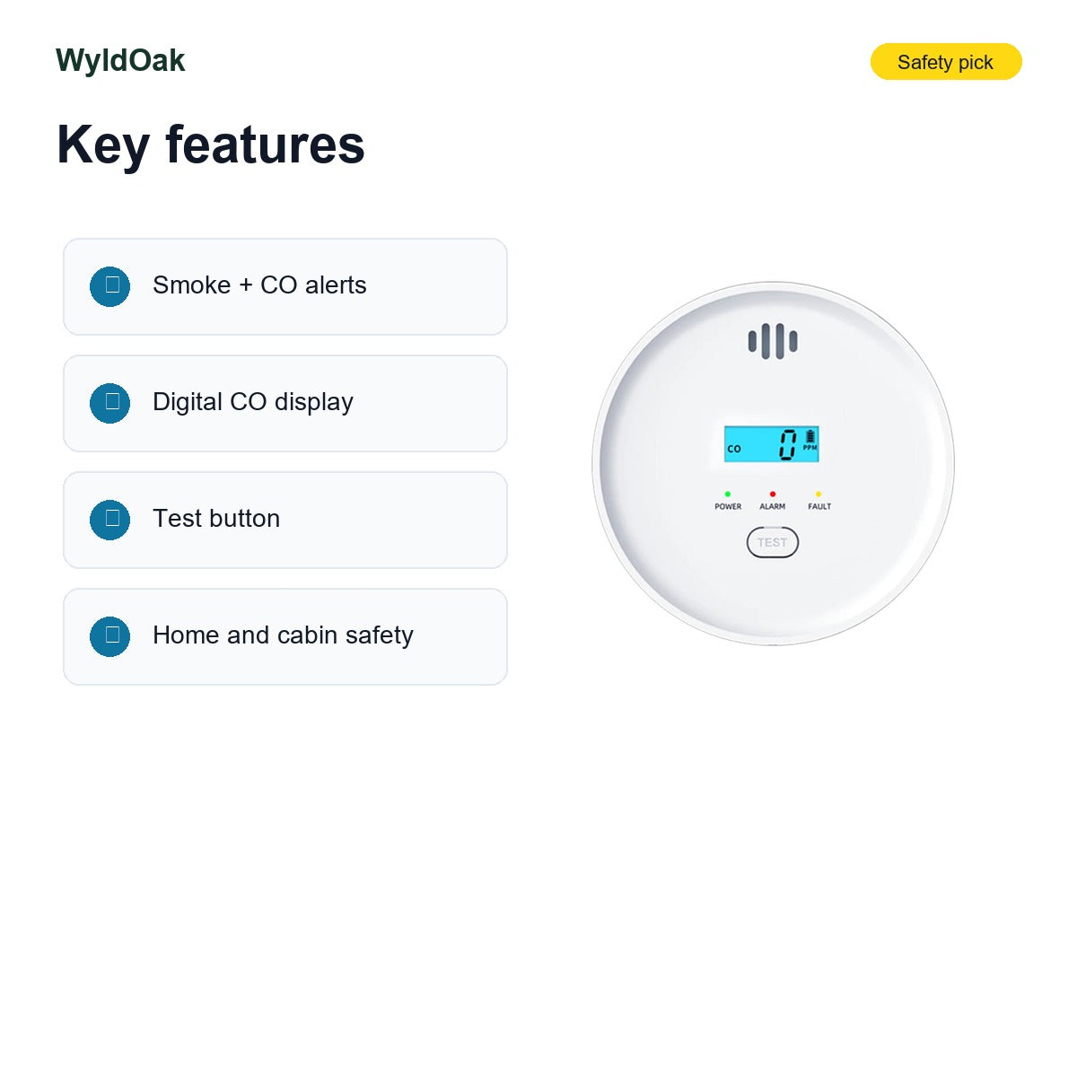 WyldOak Smoke & Carbon Monoxide Combination Alarm - 10-Year Battery Monitor
